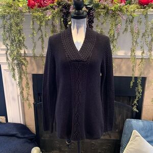 Nautica Women's L black cable V neck shawl collar cotton sweater
